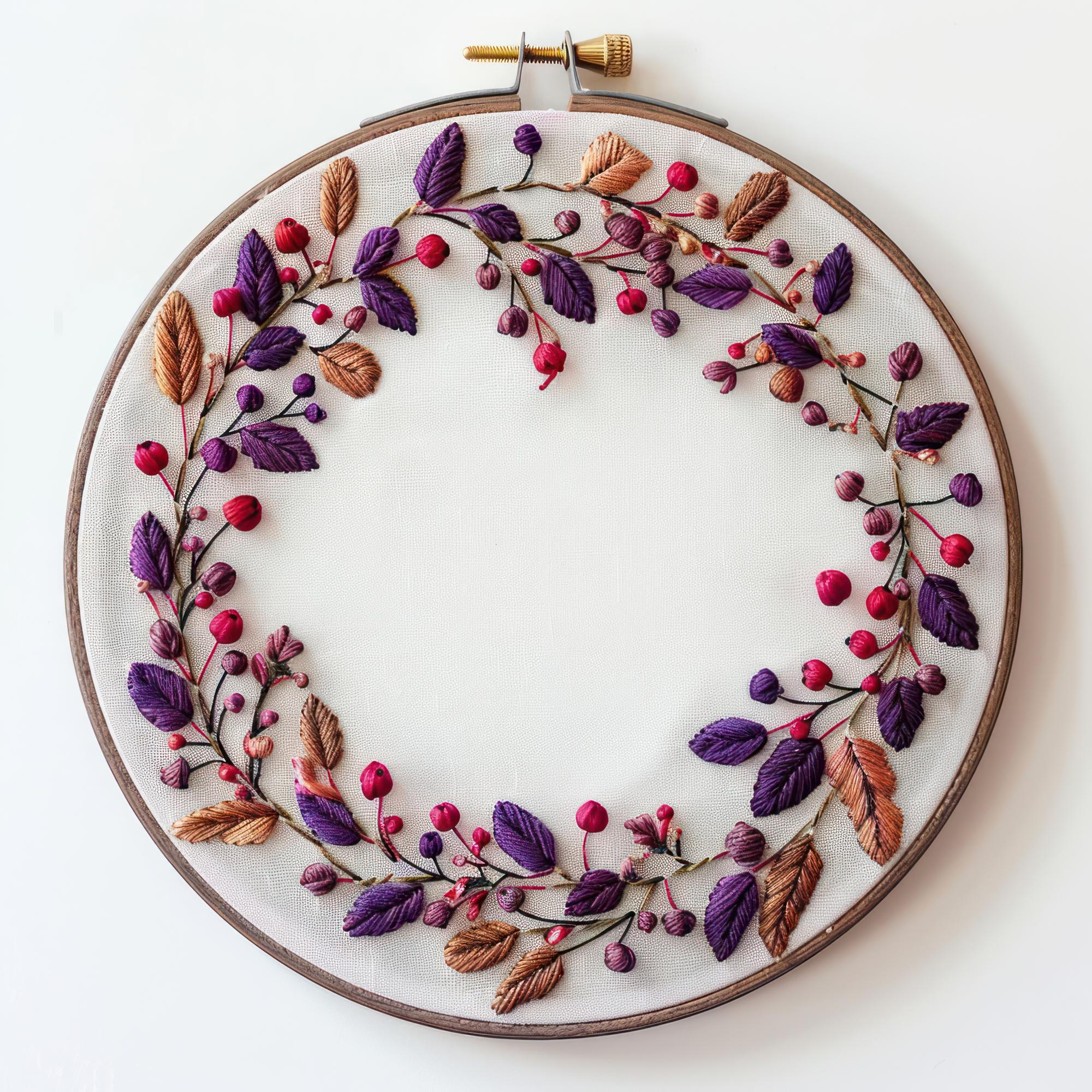 Decorative hoop with botanical hand embroidery